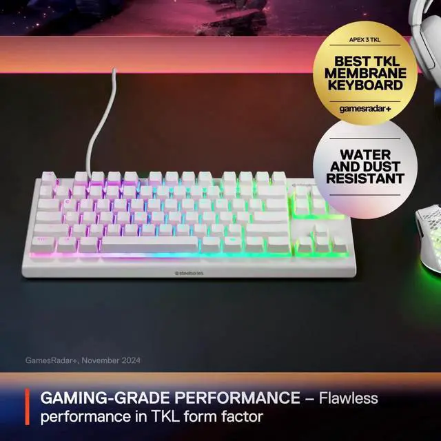 Alt view image 7 of 7 - SteelSeries Apex 3 TKL Wired Membrane Whisper Quiet Switch Gaming Keyboard 8 zone RGB Backlighting White