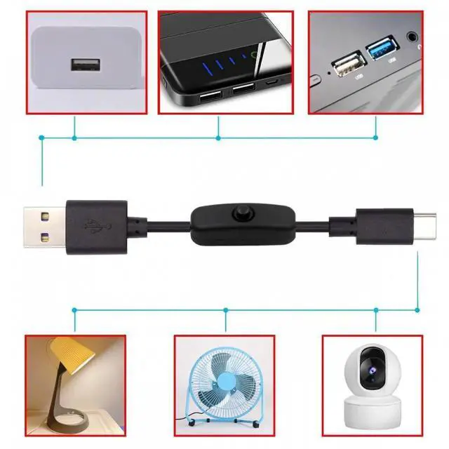 Alt view image 2 of 7 - Type-C USB2.0 to Type-A Cable with On Off Power Switch Button USB-C for DC 5V Desk Lamp Fan Camera