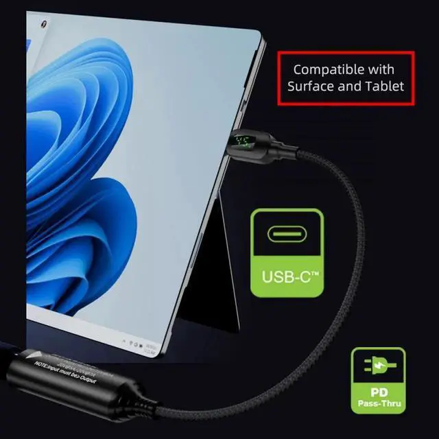 Alt view image 4 of 7 - Cable Rectangle Jack Thinkpad X1 Input to USB-C Type-C Power 140W Smart LED Display Charge Cable for Laptop Phone PD9V/5V/20V/7A