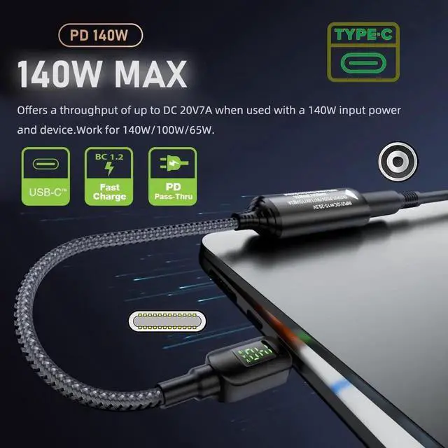 Alt view image 3 of 7 - Cable Rectangle Jack Thinkpad X1 Input to USB-C Type-C Power 140W Smart LED Display Charge Cable for Laptop Phone PD9V/5V/20V/7A