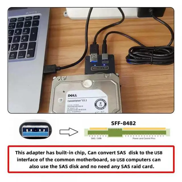 Alt view image 7 of 7 - ENFAIN SFF-8482 SAS 29Pin to USB 3.0 5Gbps Hard Disk Drive Raid Adapter with Chipset and Power Port (Need 12V/3A Power Supply)