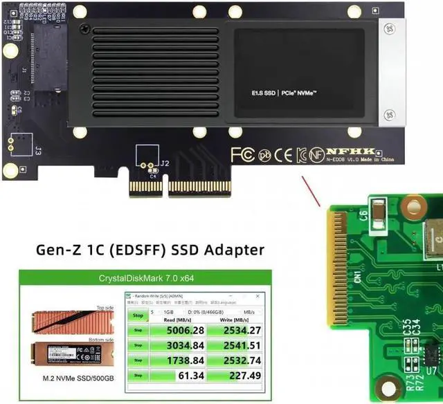 Alt view image 4 of 7 - ENFAIN PCI-E 4.0 4X Host Adapter to NVMe Ruler 1U GEN-Z EDSFF 9.5mm 15mm 25mm Thickness Short SSD E1.S with Heat Sink PM9A3 PM9D3 P5801X Carrier Adapter