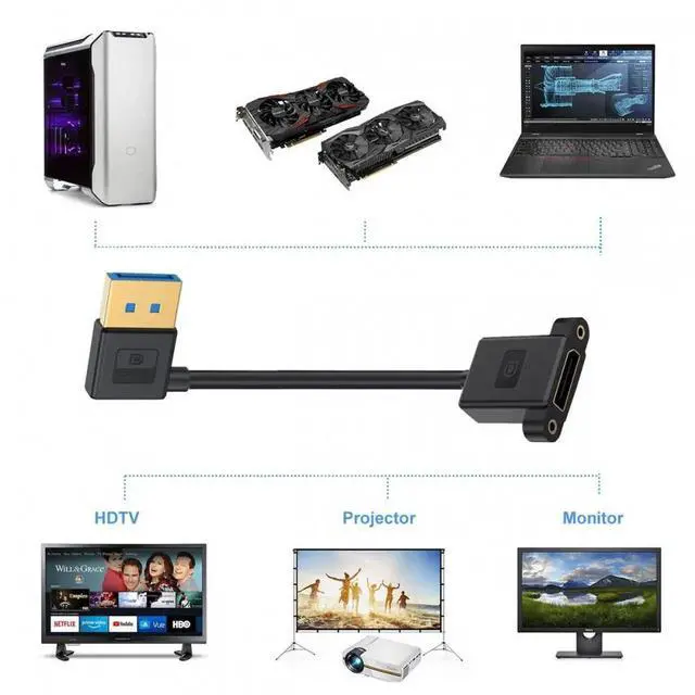 Alt view image 2 of 7 - ENFAIN Ultrafine Right Angled DisplayPort 1.4 DP Male to Female Extension Cable 8K 60hz 4K 144hz for Desktop Laptop Monitor Graphics Card 30cm