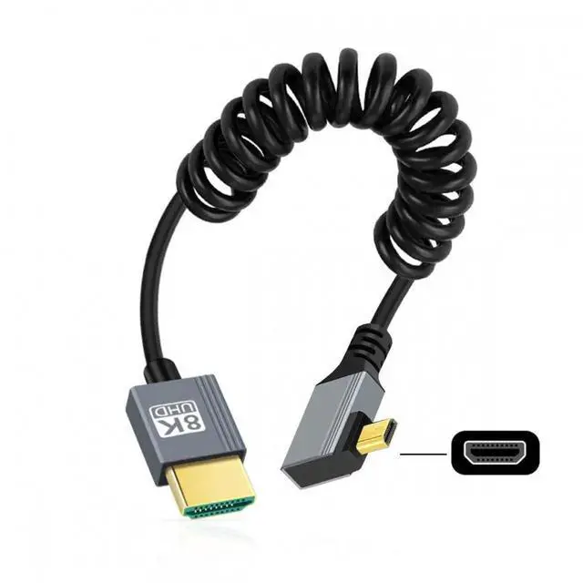 Main image of ENFAIN 90 Degree Right Angled Micro HDMI 2.1 Male Type-D to HDMI Male 8K 60hz Stretch Coiled Cable 100cm for HDTV Camera Laptop Monitor