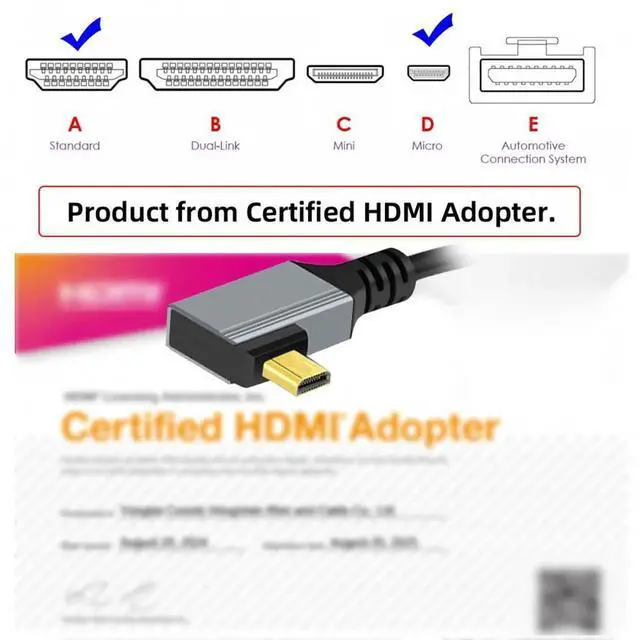 Alt view image 4 of 7 - ENFAIN 90 Degree Right Angled Micro HDMI 2.1 Male Type-D to HDMI Male 8K 60hz Stretch Coiled Cable 100cm for HDTV Camera Laptop Monitor