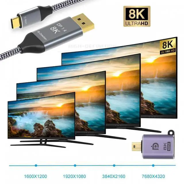 Alt view image 4 of 7 - ENFAIN Reversible Mini DisplayPort DP Source to USB 3.1 Type C USB-C Displays Male 8K HDTV Cable for Laptop Monitor 1.8m