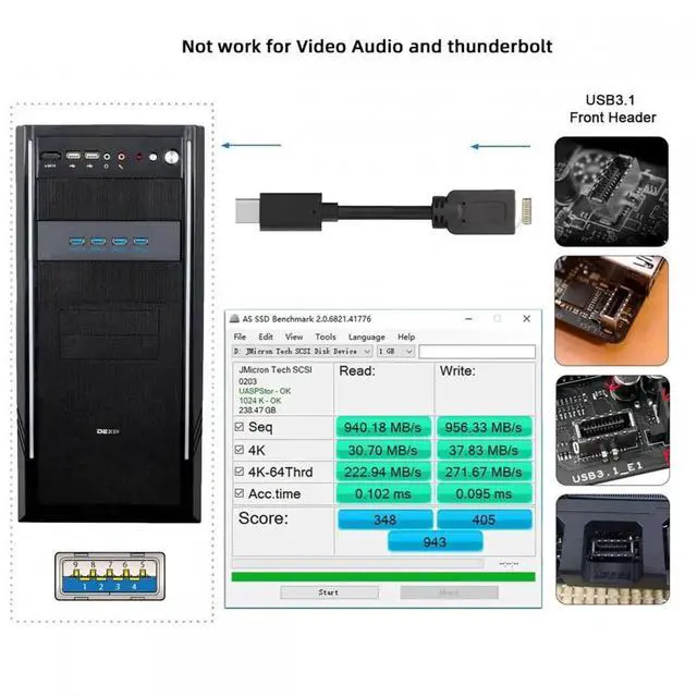 Alt view image 7 of 7 - ENFAIN Cable 10Gbps USB 3.1 Type-A HUB 4 Ports Front Panel to Motherboard Type-E Connector Cable 10Gbps for 5.25" CD-ROM Bay Tray