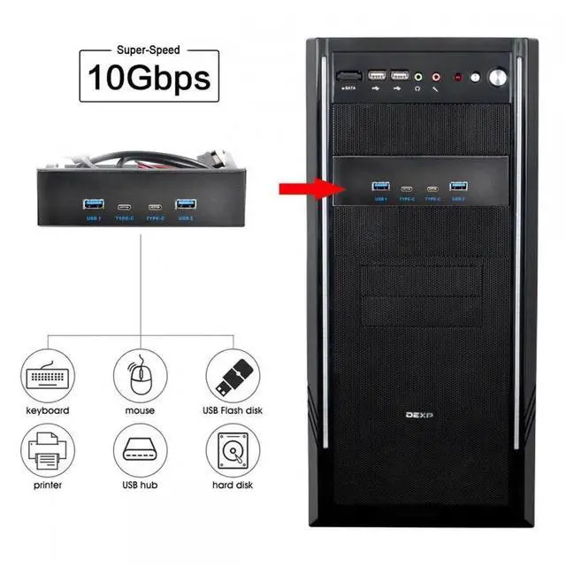 Alt view image 7 of 7 - ENFAIN Cable 10Gbps USB 3.1 Type-A & Type-C HUB 4 Ports Front Panel to Motherboard Type-E Connector Cable 10Gbps for 5.25" CD-ROM Bay Tray