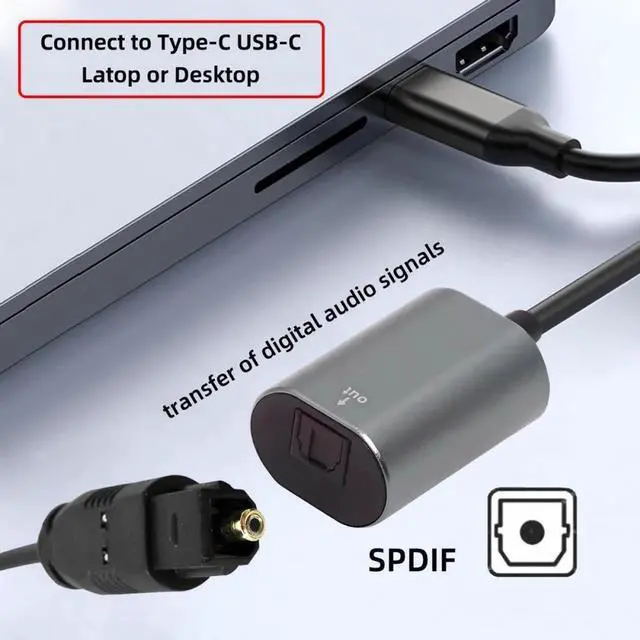 Alt view image 4 of 7 - ENFAIN Cable Type-C to SPDIF Toslink Optical Audio Jack Opt USB-C Male to Digital Optical Fiber Optic Sound Interface Female Adapter Wire for Laptop Desktop
