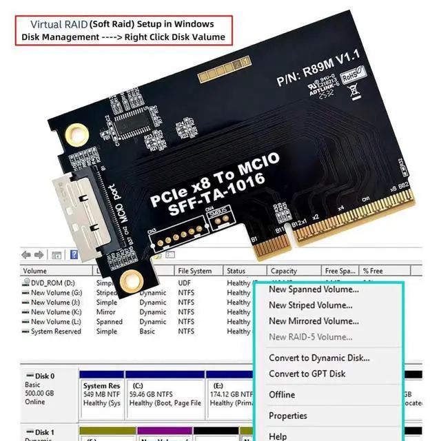 Alt view image 4 of 7 - ENFAIN External MCIO 8i Mini Cool Edge IO SFF-TA-1016 to PCIE5.0 PCI-Express 8x VROC Adapter for Mainboard SSD Graphics Card