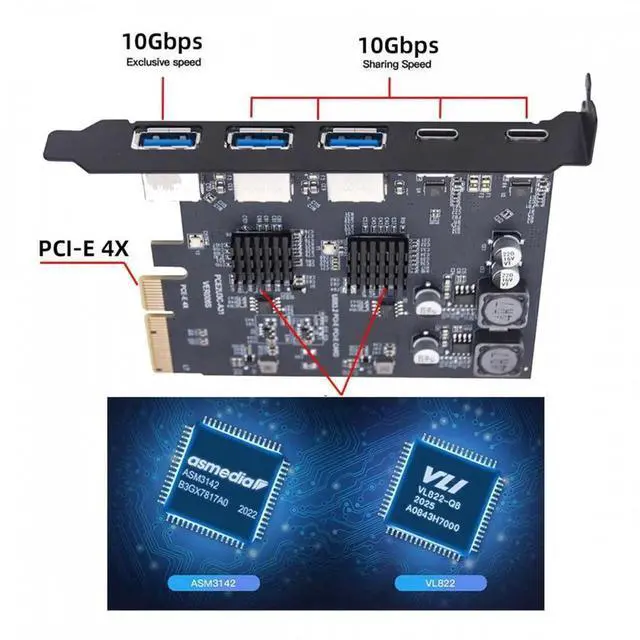 Alt view image 3 of 7 - ENFAIN 10Gbps Three Type-A USB3.0 Back Panel Socket & Dual USB3.1 Type-C USB-C to PCI-E Express Card Adapter ASM3142 VL822