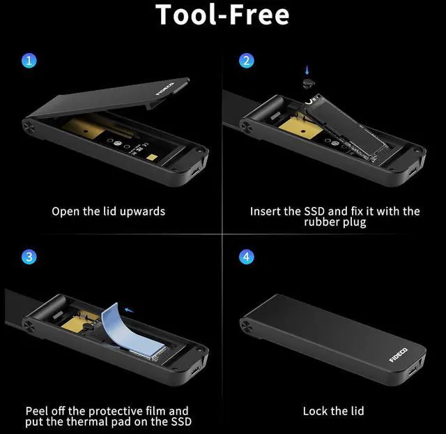 Alt view image 4 of 7 - FIDECO M.2 NVMe SSD Enclosure, M.2 NVMe to USB Adapter, USB 3.2 Gen 2 (10Gbps) SSD Reader for M & M+B Key, Sandwich Style Design, Tool-Free Installation, Support UASP and Trim