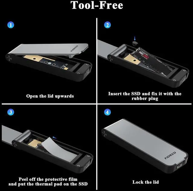 Alt view image 7 of 7 - FIDECO M.2 NVMe SSD Enclosure, M.2 NVMe to USB Adapter, USB 3.2 Gen 2 (10Gbps) SSD Reader for M & M+B Key, Sandwich Style Design, Tool-Free Installation, Support UASP and Trim (Grey)