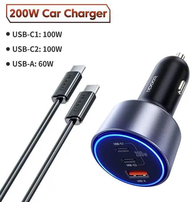 Main image of 200W Multi-Port Car Charger PD3.0 & PPS Quick Charge, Stable Anti-Shake Design, Dual Metal Shrapnel for Bumpy Roads, Fast Charging With 100W Cable