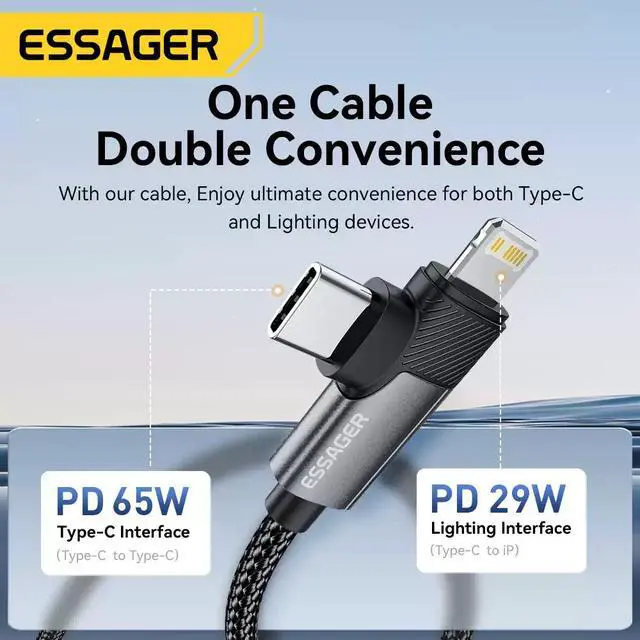 Alt view image 5 of 5 - Essager 2 in 1 USB Type C Cable 65W PD Fast Charging Wire Type C To Lightning Cable For iPhone 15 14 - grey