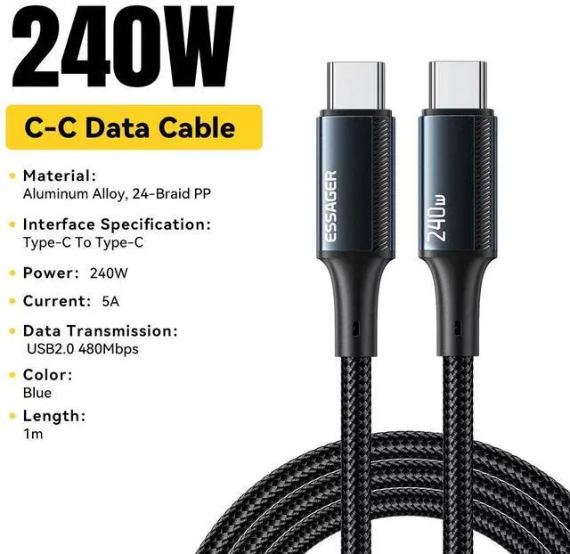 Main image of Essager 240W USB Type C Cable for iPhone 15 Pro Max PD3.1 Super Fast Charging Type C Cable 5A Blue 1m