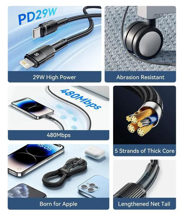 Alt view image 6 of 7 - Essager USB C Cable For IPhone 14 13 12 11 pro Max XS 20W iPad Fast Charging Cable Data Line Charger -Black C-L 29W 2m