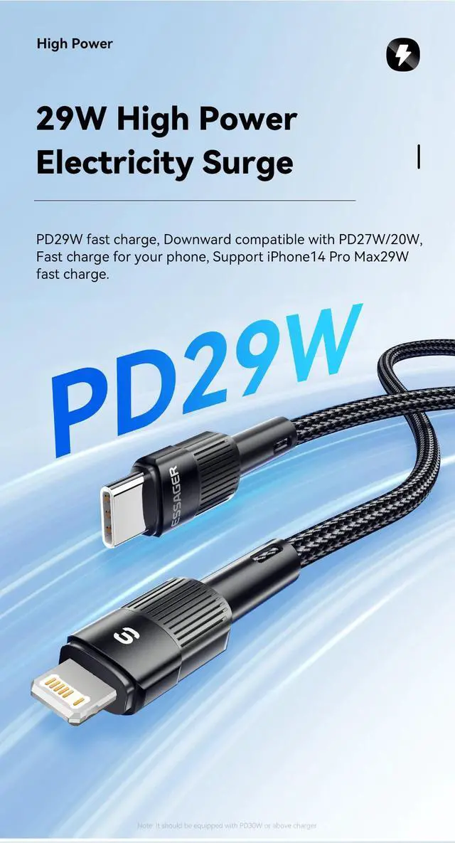 Alt view image 7 of 7 - Essager USB C Cable For IPhone 14 13 12 11 pro Max XS 20W iPad Fast Charging Cable Data Line Charger -Black C-L 29W 2m