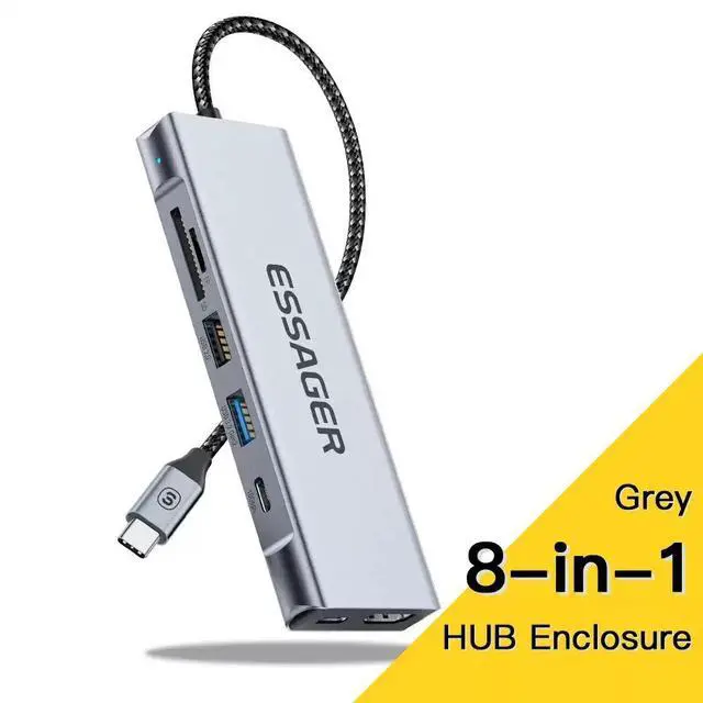 Main image of Essager 8-in-1 USB Hub With Disk Storage Function USB Type-c - Grey 8 In 1 HUBHDMI+USB3.2 Gen2+USB2.0+100W+SD/TF+10Gbps