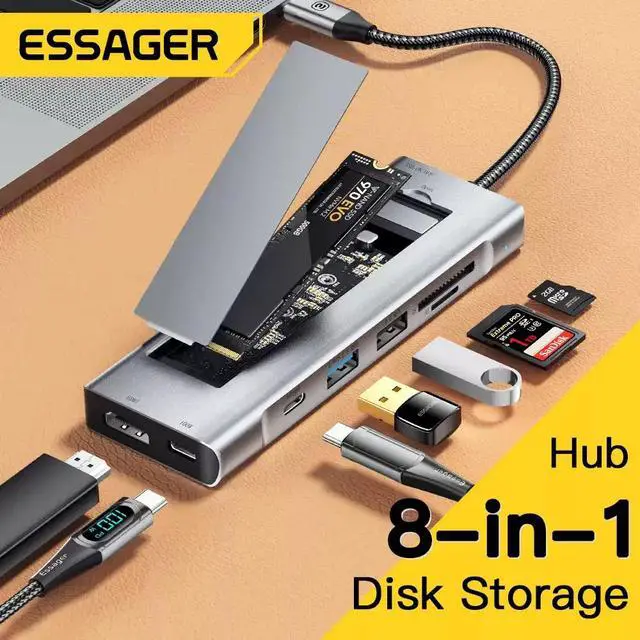 Alt view image 2 of 7 - Essager 8-in-1 USB Hub With Disk Storage Function USB Type-c - Grey 8 In 1 HUBHDMI+USB3.2 Gen2+USB2.0+100W+SD/TF+10Gbps
