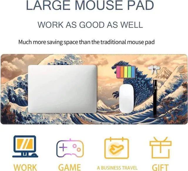 Alt view image 7 of 7 - Japanese Sea Wave Large Mouse Pad Gaming Mouse Pad XXL Art Large Mouse Pad Keyboard Mat Desk Mat Non-Slip Rubber Base 600x300mm 3mm