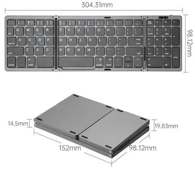 Alt view image 7 of 7 - B089 Foldable Bluetooth Keyboard with Numeric Keypad, Rechargeable, Portable for Tablet, Phone, Laptop Gray
