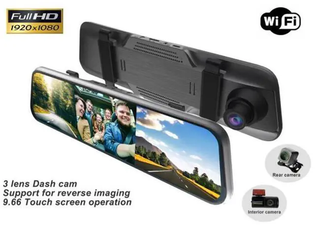 Alt view image 2 of 7 - 10-Inch Ultra-Thin Anti-Glare Touch Screen Rearview Mirror Dash Cam 3-Channel 1080P HD WiFi Car Recorder