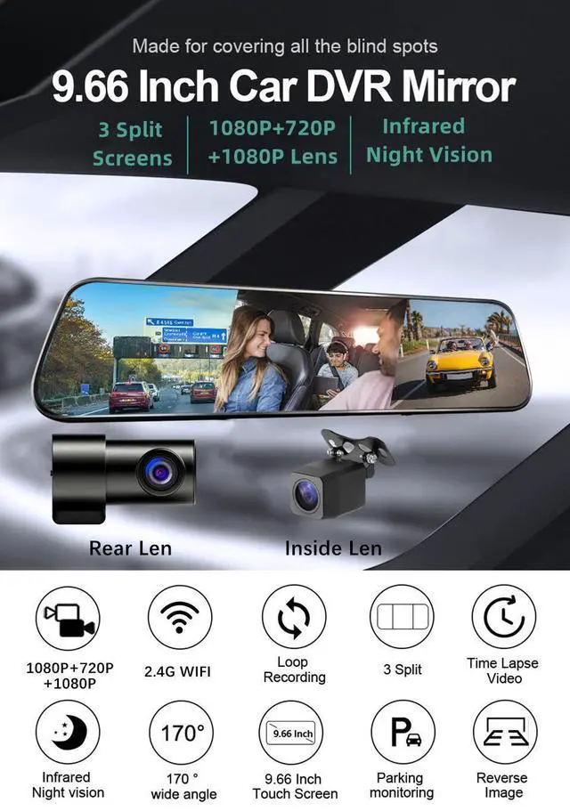 Alt view image 5 of 7 - 10-Inch Ultra-Thin Anti-Glare Touch Screen Rearview Mirror Dash Cam 3-Channel 1080P HD WiFi Car Recorder