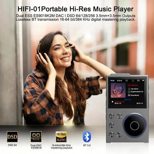 Alt view image 2 of 7 - Hi-Fi Lossless Music Player DSD256 Master Quality, Bluetooth, Portable for Car/Audio Black Gold - Built-in 16GB