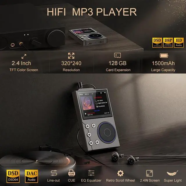 Alt view image 5 of 7 - Hi-Fi Lossless Music Player DSD256 Master Quality, Bluetooth, Portable for Car/Audio Black Gold - Built-in 16GB