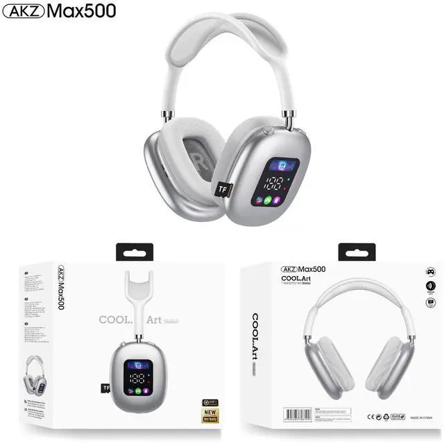 Main image of AKZ MAX500 Wireless Bluetooth Headphones RGB Digital Display, Mic, TF Card Slot Silver
