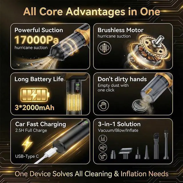 Alt view image 3 of 7 - ST-6709A Plus Cordless Car Vacuum & Blower 2-in-1, Brushless High-Power Dust Removal Cleaner, Tire Inflator, Digital Display, LED Light for Auto Black