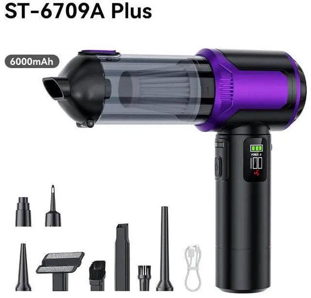Main image of ST-6709A Plus Cordless Car Vacuum & Blower 2-in-1, Brushless High-Power Dust Removal Cleaner, Tire Inflator, Digital Display, LED Light for Auto Black