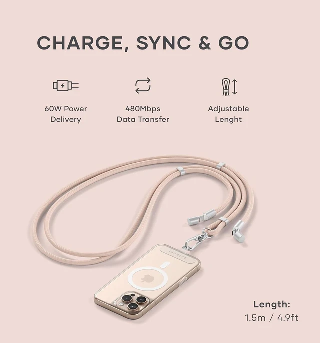 Alt view image 2 of 7 - Satechi OntheGo Lanyard Cable, 60W Fast Charging, Black
480 Mbps data transfer, built-in crossbody strap, 1.5 m/4.9 ft braided cord, for iPhone, Android Desert Rose