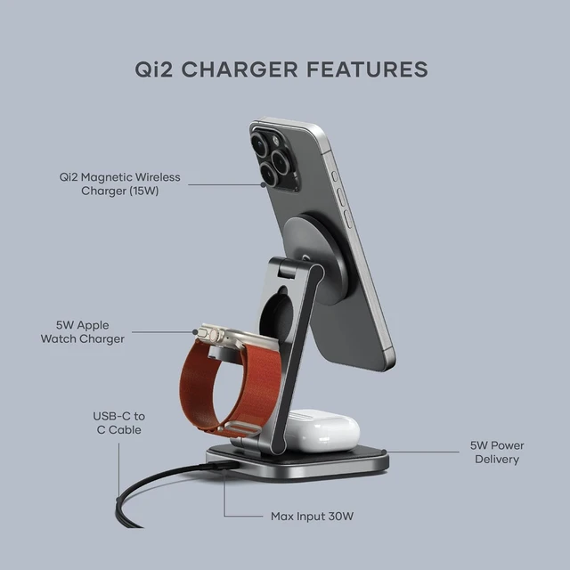 Alt view image 4 of 7 - Satechi 3-in-1 Qi2 Wireless Charging Station, 15W Magnetic Charging
Foldable travel design, fits iPhone 12-18, AirPods Pro, Apple Watch