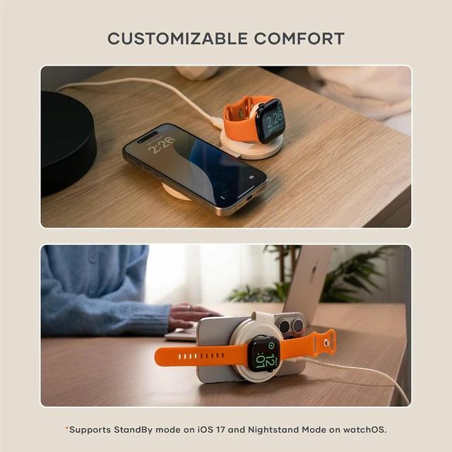 Alt view image 7 of 7 - Satechi OntheGo 2-in-1 Wireless Charger, Qi2 15W Fast Charging, Black
5W for Apple Watch, magnetic travel stand, fits iPhone 12-18 Sand
