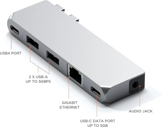 Alt view image 4 of 6 - Satechi Pro Hub Mini USB-C Multiport Adapter, USB4 Port, Ethernet, Silver
USB-C and 2 USB-A data ports, Ethernet, audio jack, for MacBook Air/Pro M1-M5