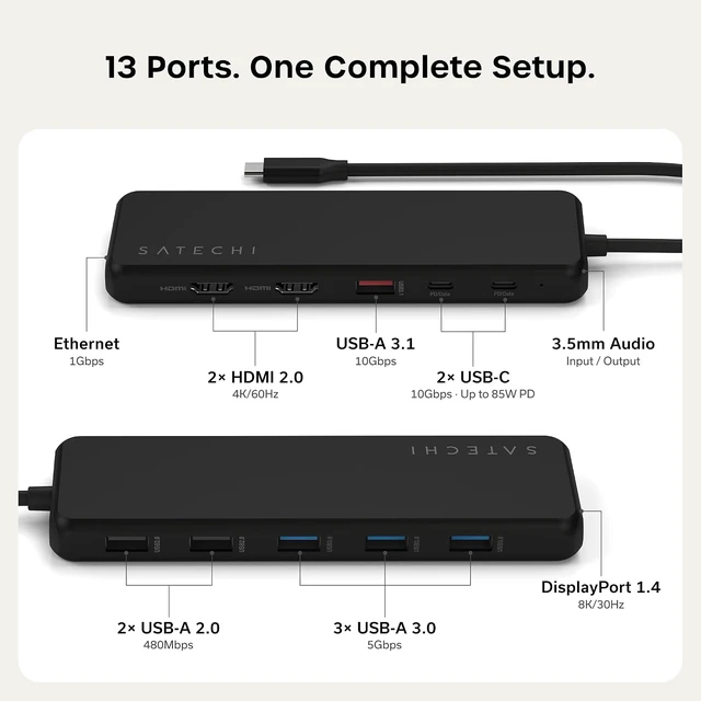 Alt view image 4 of 7 - Satechi 13-in-1 USB-C Multiport Adapter, Triple Display, Dual 4K HDMI
8K DP (Windows), Dual 4K HDMI, 85W PD, Ethernet, Audio, 10 Gbps USB-A/C, for Mac and Windows
