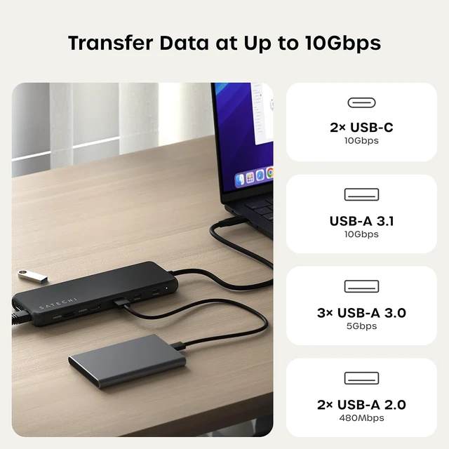 Alt view image 3 of 7 - Satechi 13-in-1 USB-C Multiport Adapter, Triple Display, Dual 4K HDMI
8K DP (Windows), Dual 4K HDMI, 85W PD, Ethernet, Audio, 10 Gbps USB-A/C, for Mac and Windows