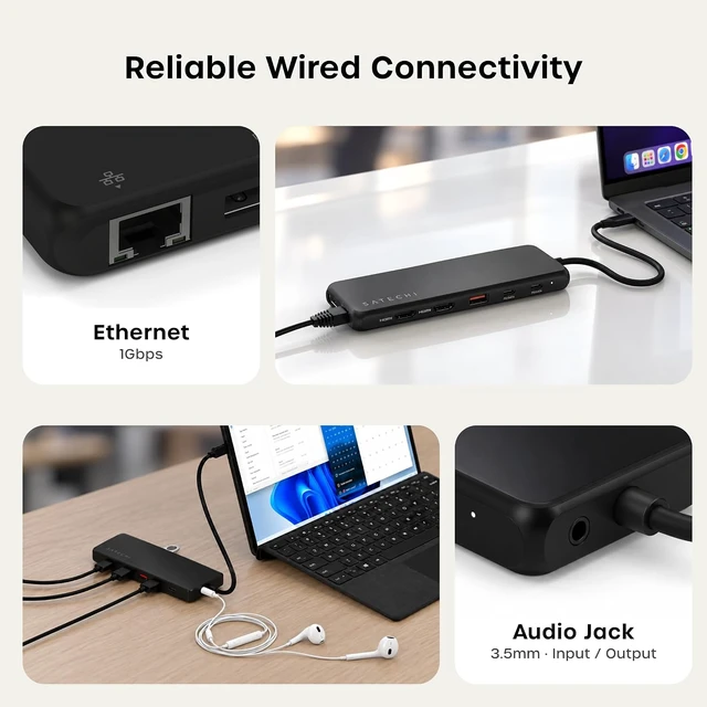 Alt view image 6 of 7 - Satechi 13-in-1 USB-C Multiport Adapter, Triple Display, Dual 4K HDMI
8K DP (Windows), Dual 4K HDMI, 85W PD, Ethernet, Audio, 10 Gbps USB-A/C, for Mac and Windows