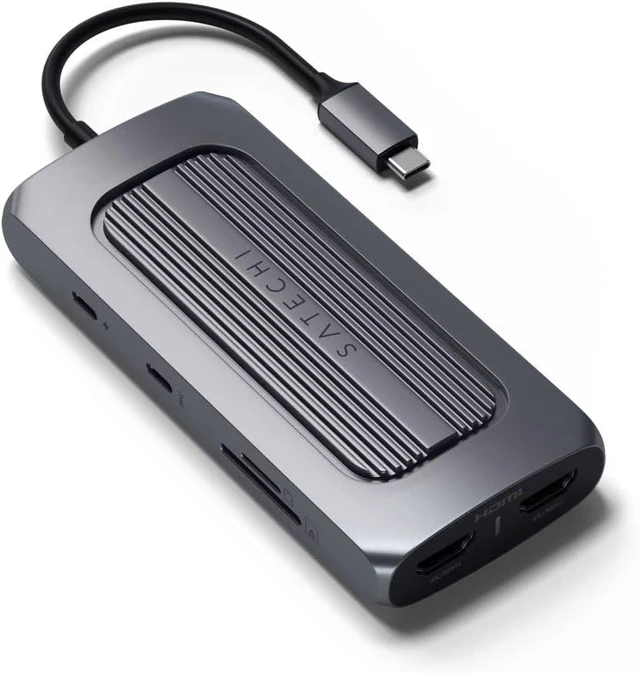 Alt view image 4 of 4 - Satechi MX USB-C Multiport Adapter, 2X 4K HDMI, 100W PD Charging, Ethernet
100W PD charging, USB-C and 2 USB-A data ports, Ethernet, micro/SD card readers, for MacBook, Windows