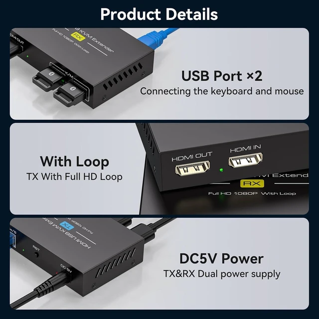 Alt view image 3 of 7 - VPFET HDMI KVM USB Extender 394ft 120M Over Cat 5e 6 7 1080P Ethernet Balun Transmitter Receiver with Loop Out Function Plug Play for Mouse and Keyboard Control