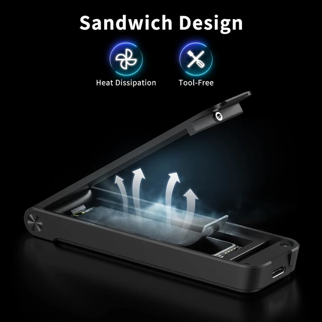 Alt view image 6 of 7 - FIDECO M.2 NVMe SSD Enclosure, M.2 NVMe to USB Adapter, USB 3.2 Gen 2 (10Gbps) SSD Reader for M & M+B Key, Sandwich Style Design, Tool-Free Installation, Support UASP and Trim