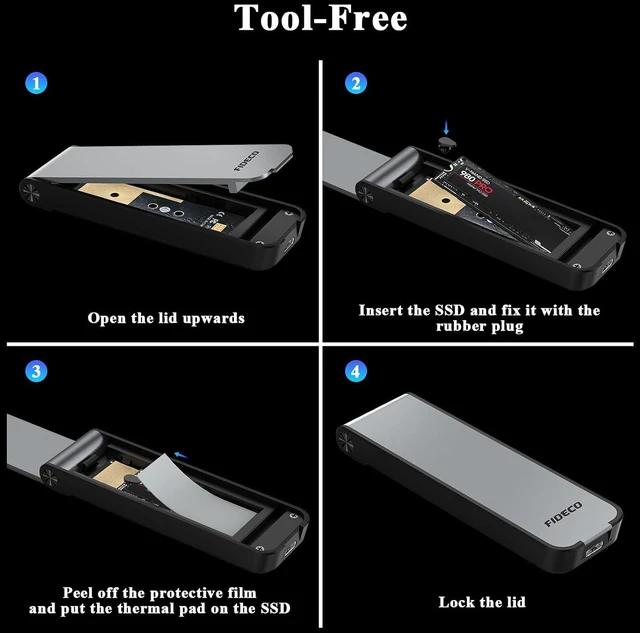 Alt view image 7 of 14 - FIDECO M.2 NVMe SSD Enclosure, M.2 NVMe to USB Adapter, USB 3.2 Gen 2 (10Gbps) SSD Reader for M & M+B Key, Sandwich Style Design, Tool-Free Installation, Support UASP and Trim Grey