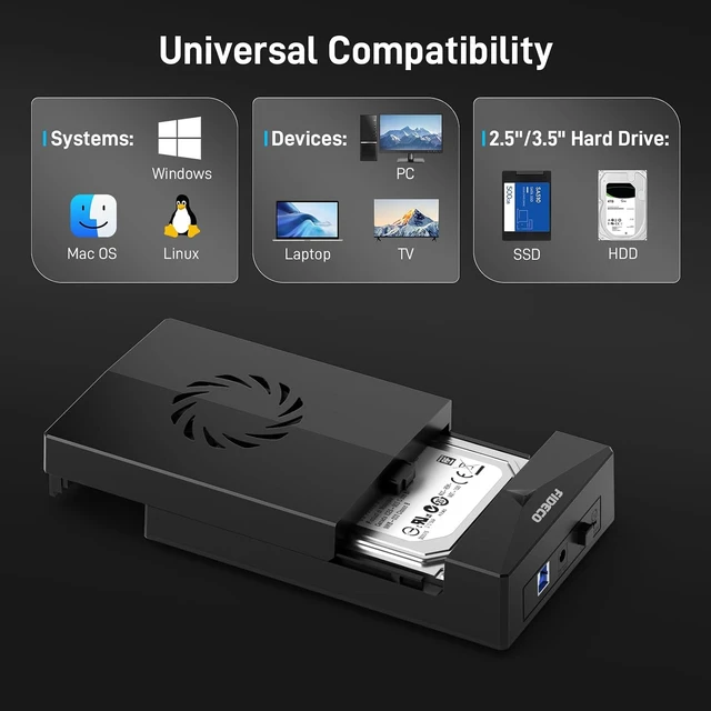 Alt view image 2 of 7 - FIDECO Hard Drive Enclosure for 3.5 or 2.5 inch SATA HDD SSD, SATA to USB Adapter with Cooling Fan, External HDD Enclosure with 12V Power Adapter, Support UASP, Tool-Free, Plug and Play