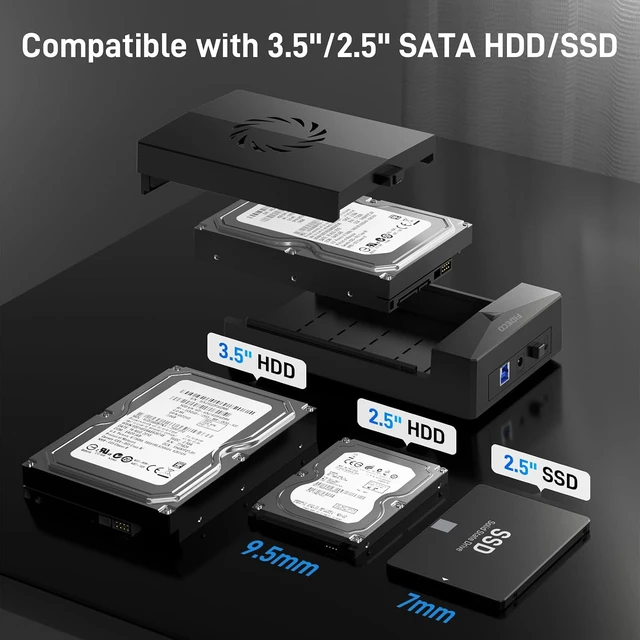 Alt view image 3 of 7 - FIDECO Hard Drive Enclosure for 3.5 or 2.5 inch SATA HDD SSD, SATA to USB Adapter with Cooling Fan, External HDD Enclosure with 12V Power Adapter, Support UASP, Tool-Free, Plug and Play