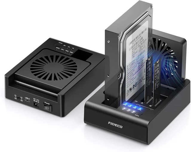 Main image of FIDECO M.2 NVMe SSD Cloner and Duplicator, 3-Bay Hard Drive Cloner Dock for M.2 NVMe SSD and 2.5"/3.5" SATA HDD, Hard Drive Reader with Foldable Cooling Fan, Ultimate Heat Dissipation, Tool-Free