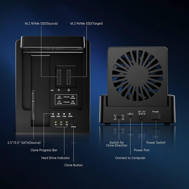 Alt view image 5 of 7 - FIDECO M.2 NVMe SSD Cloner and Duplicator, 3-Bay Hard Drive Cloner Dock for M.2 NVMe SSD and 2.5"/3.5" SATA HDD, Hard Drive Reader with Foldable Cooling Fan, Ultimate Heat Dissipation, Tool-Free