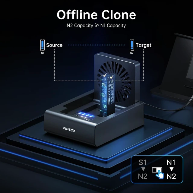 Alt view image 4 of 7 - FIDECO M.2 NVMe SSD Cloner and Duplicator, 3-Bay Hard Drive Cloner Dock for M.2 NVMe SSD and 2.5"/3.5" SATA HDD, Hard Drive Reader with Foldable Cooling Fan, Ultimate Heat Dissipation, Tool-Free