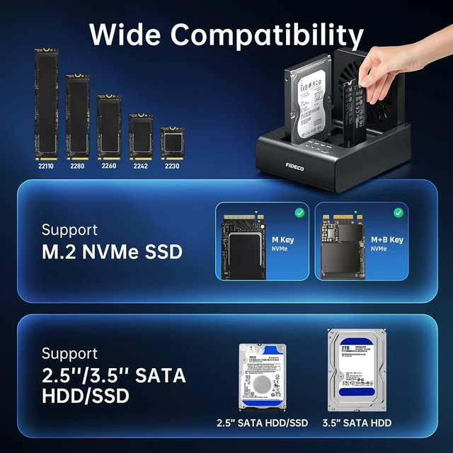 Alt view image 3 of 7 - FIDECO M.2 NVMe SSD Cloner and Duplicator, 3-Bay Hard Drive Cloner Dock for M.2 NVMe SSD and 2.5"/3.5" SATA HDD, Hard Drive Reader with Foldable Cooling Fan, Ultimate Heat Dissipation, Tool-Free